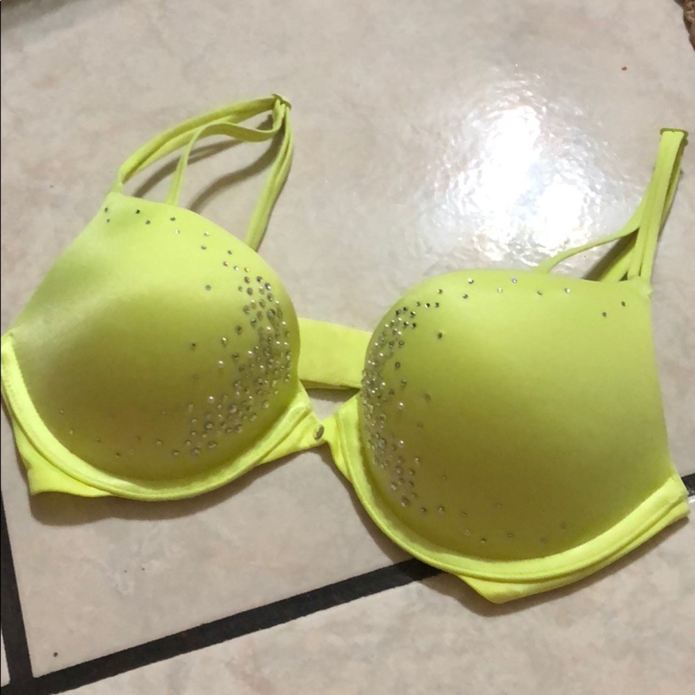 Very Sexy pushup Yellow-green rhinestone pearl bra